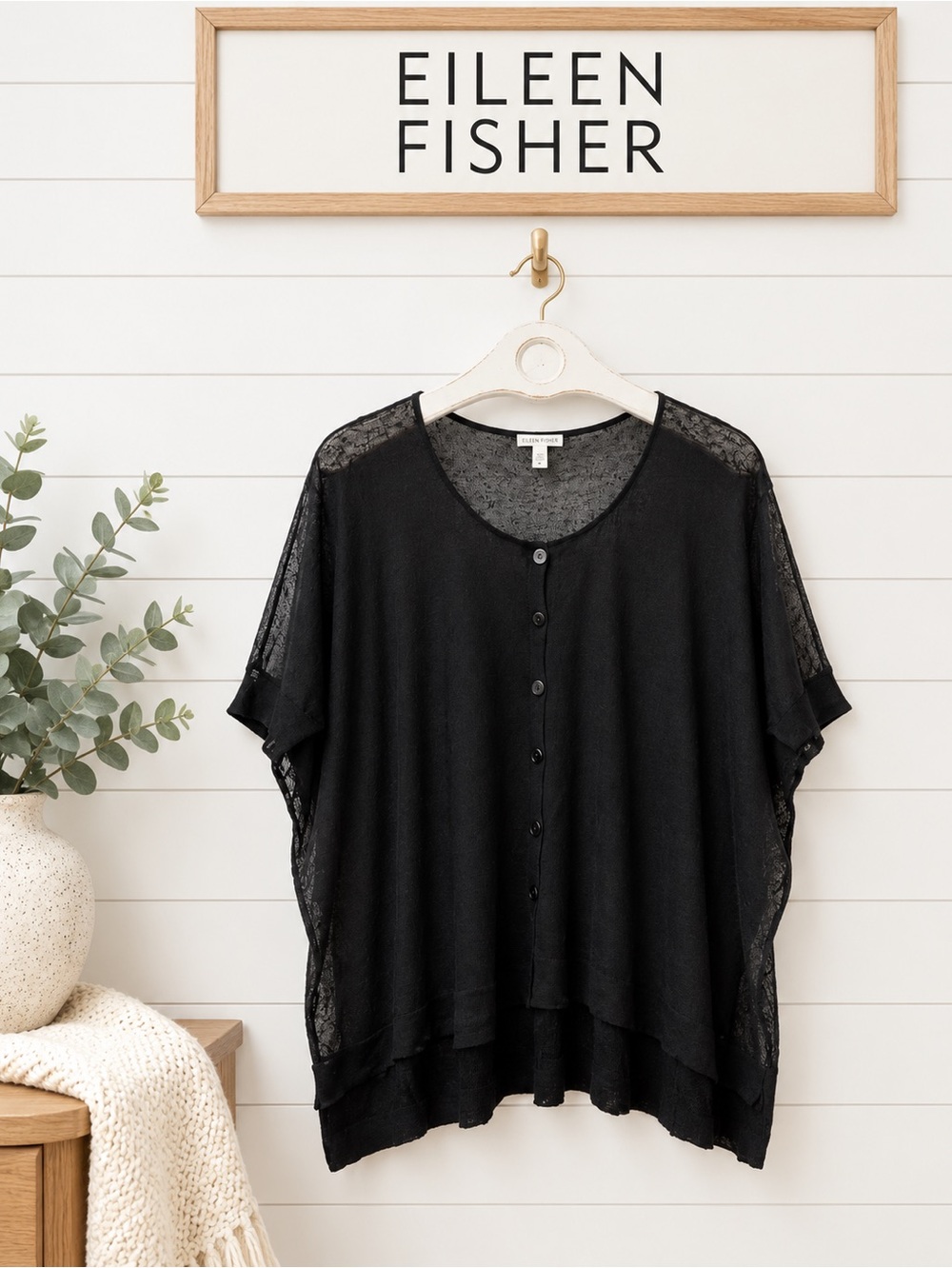 Eileen Fisher Hemp Boxy Knit Cardigan Top Black Size S